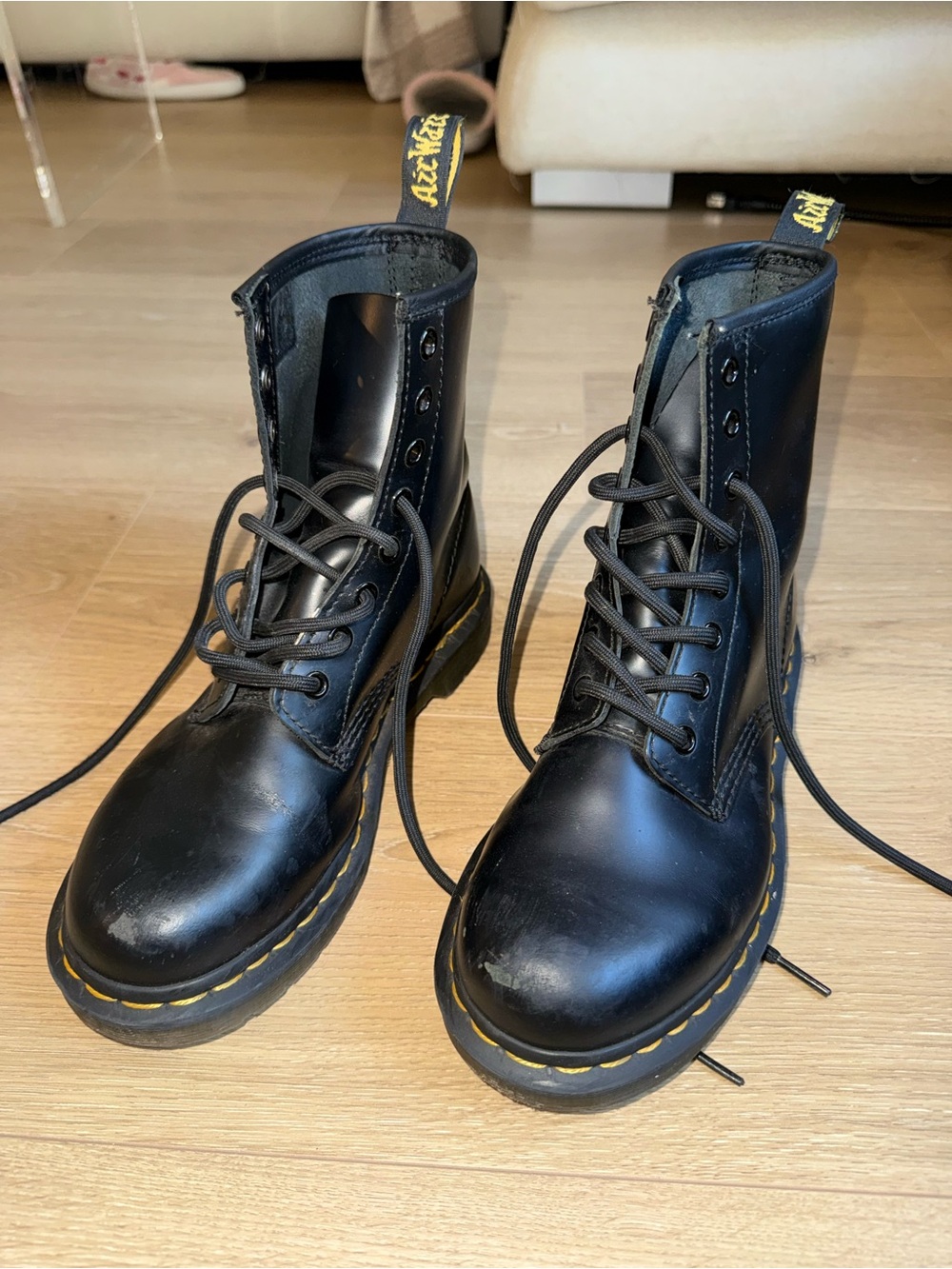 Dr. Martens Black Leather 8-Eye Boots with Yellow Stitching